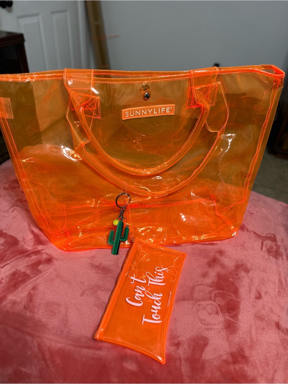 Sunnylife Neon Orange Clear Tote with Cactus Charm and Zip Pouch